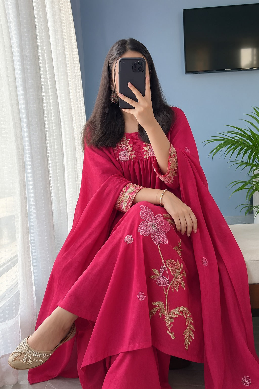 Pink Embroidered Anarkali Kurta Set with Dupatta for Women
