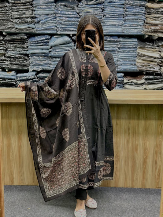 Premium Black Ajrakh Cotton Kurti Pant Dupatta Set