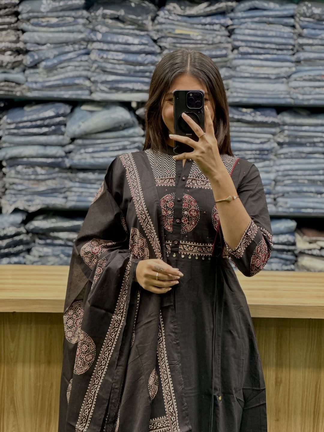 Premium Black Ajrakh Cotton Kurti Pant Dupatta Set