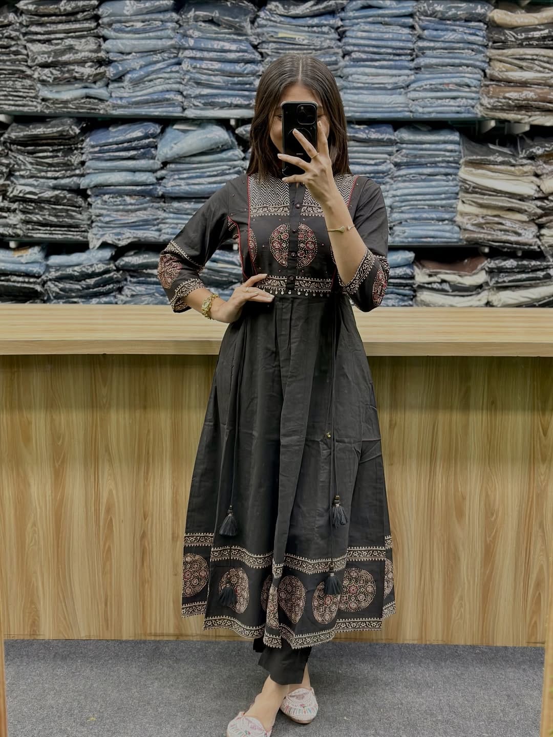 Premium Black Ajrakh Cotton Kurti Pant Dupatta Set