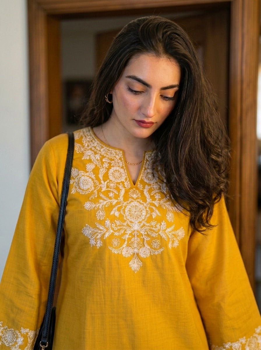 Yellow Embroidered Kurta with Ivory Straight Pants