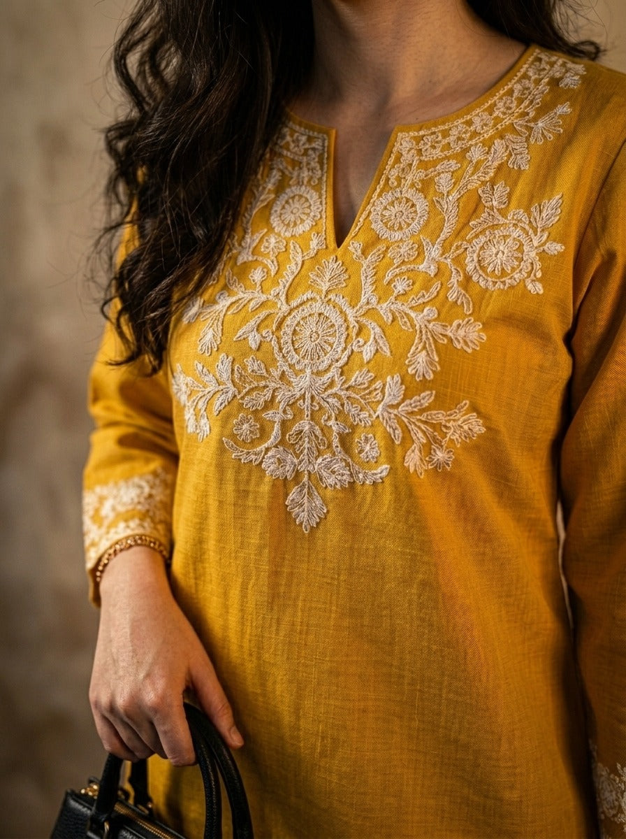 Yellow Embroidered Kurta with Ivory Straight Pants