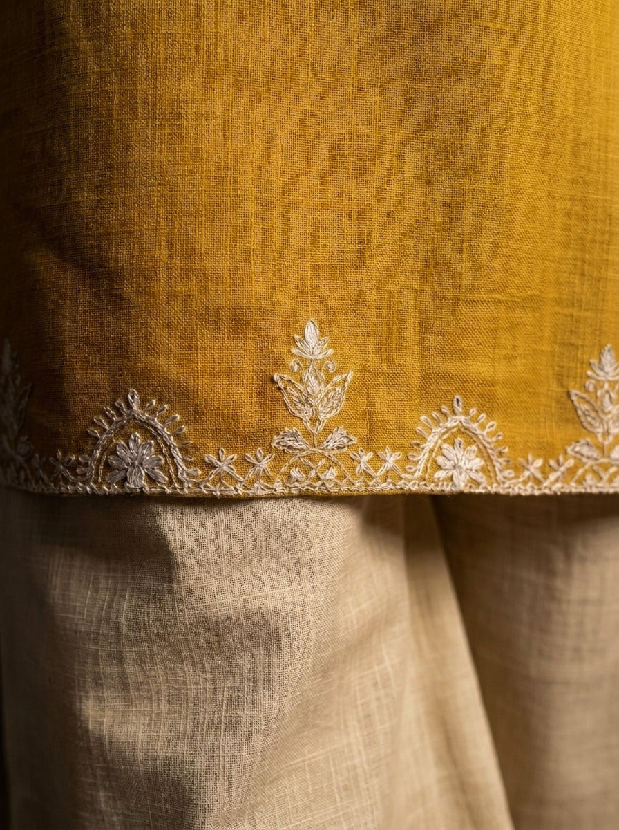 Yellow Embroidered Kurta with Ivory Straight Pants