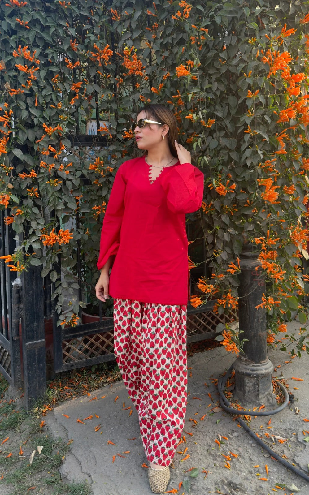 Red Strawberry Print Kurta Palazzo Set for Women