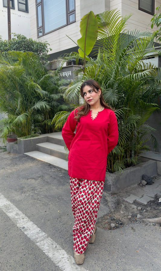Red Strawberry Print Kurta Palazzo Set for Women