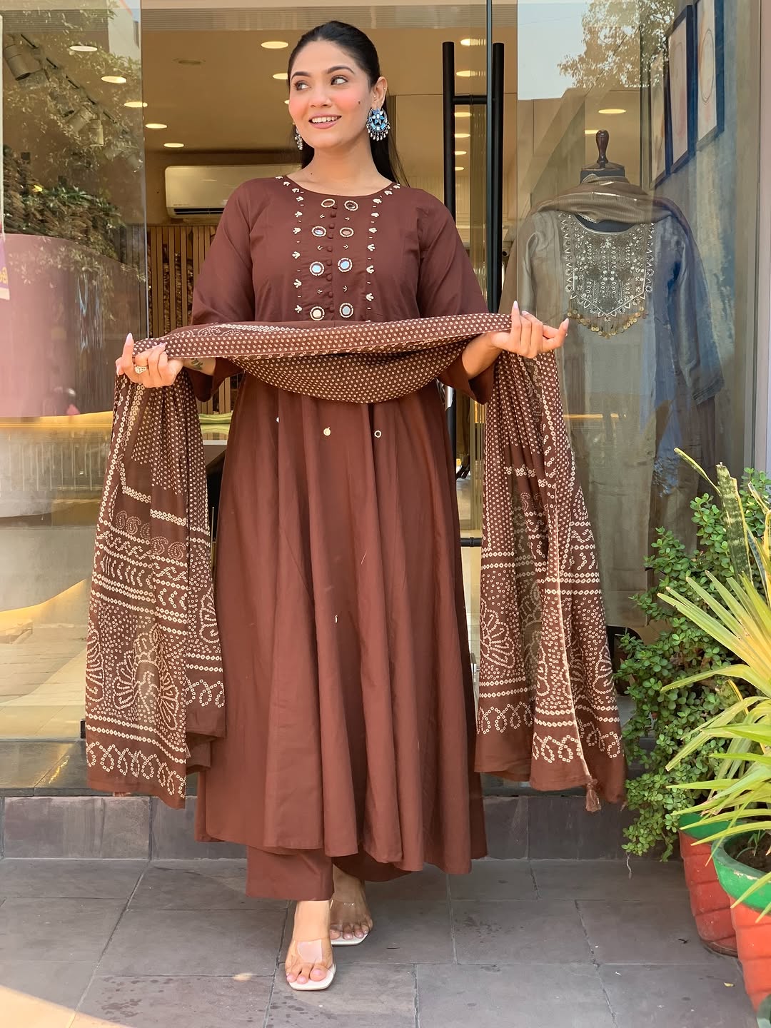 Elegant Chocolate Brown Anarkali Kurta Set with Printed Dupatta