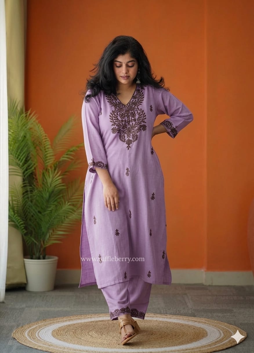 Lavender Embroidered Straight Kurta Set for Women
