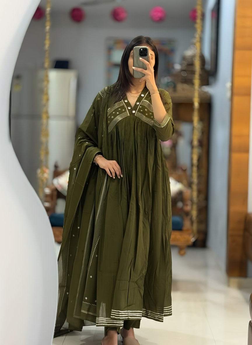 Olive Regal Flare Ethnic Suit Set