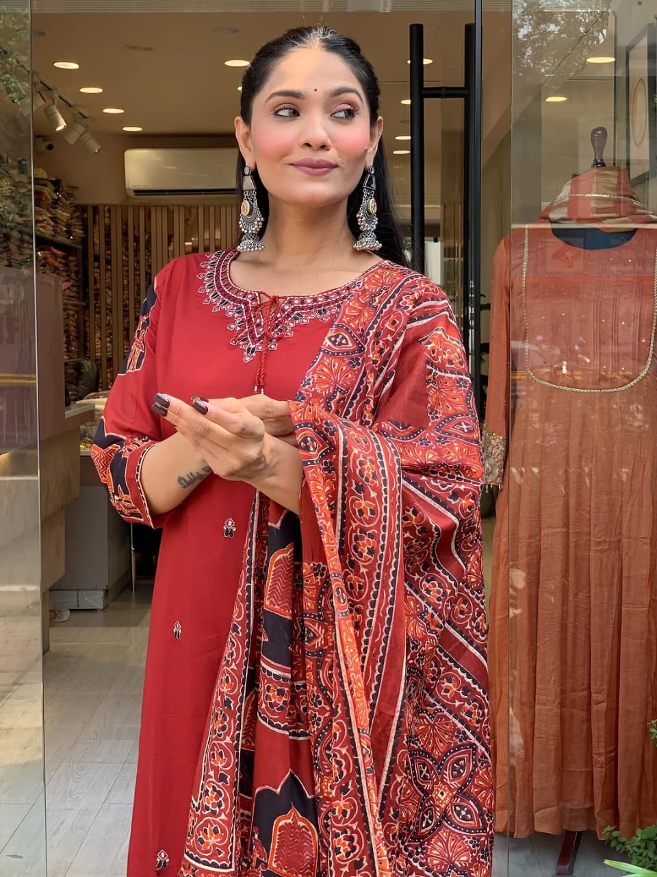 Red Handcrafted Kurta Set with Traditional Printed Dupatta