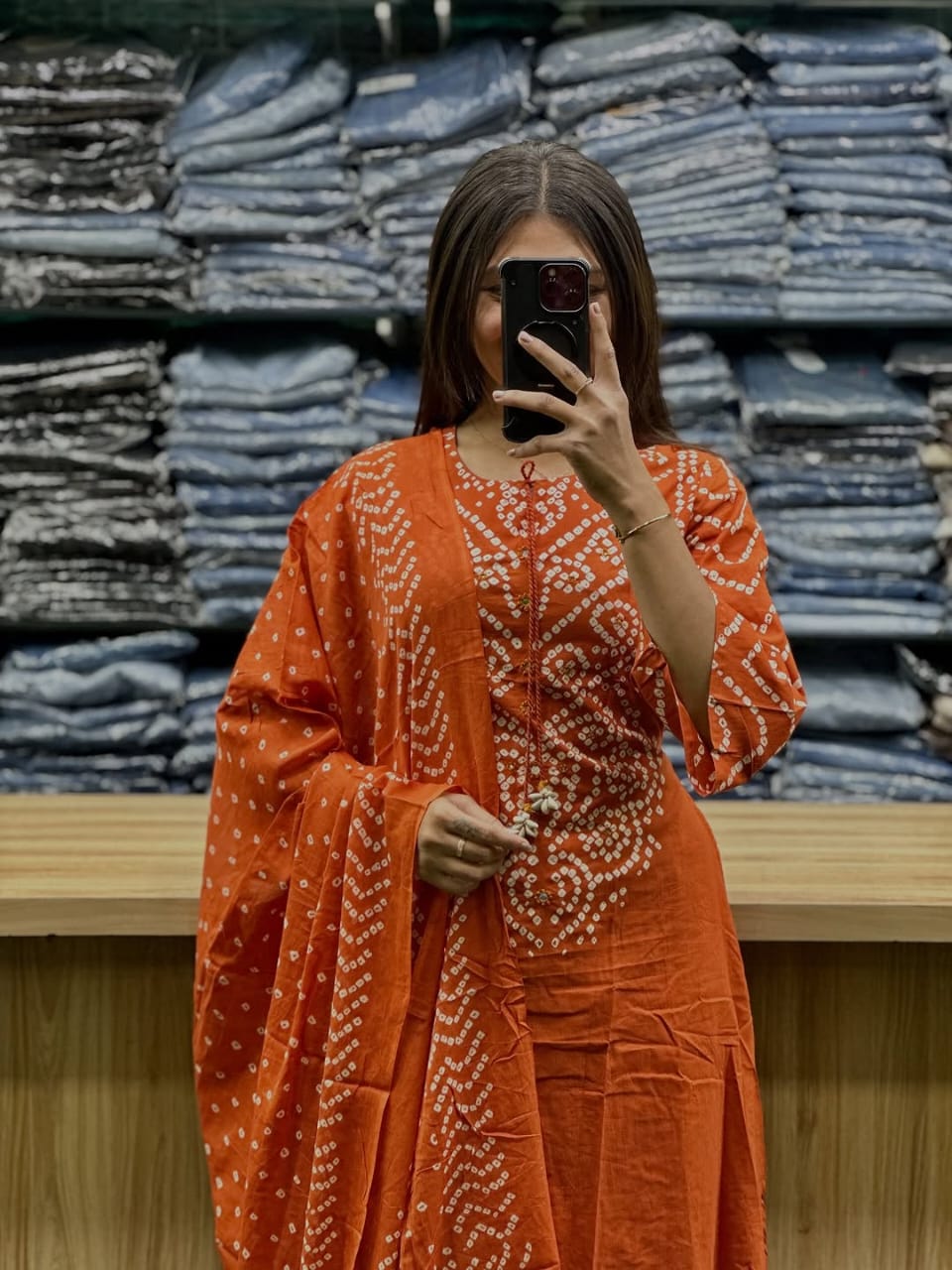Elegant Rust Orange Bandhani 3 Piece Kurta Set