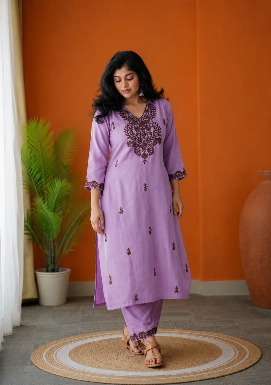 Lavender Embroidered Straight Kurta Set for Women