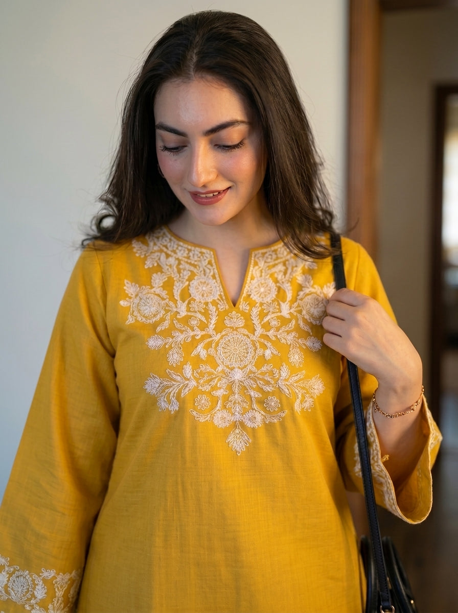 Yellow Embroidered Kurta with Ivory Straight Pants