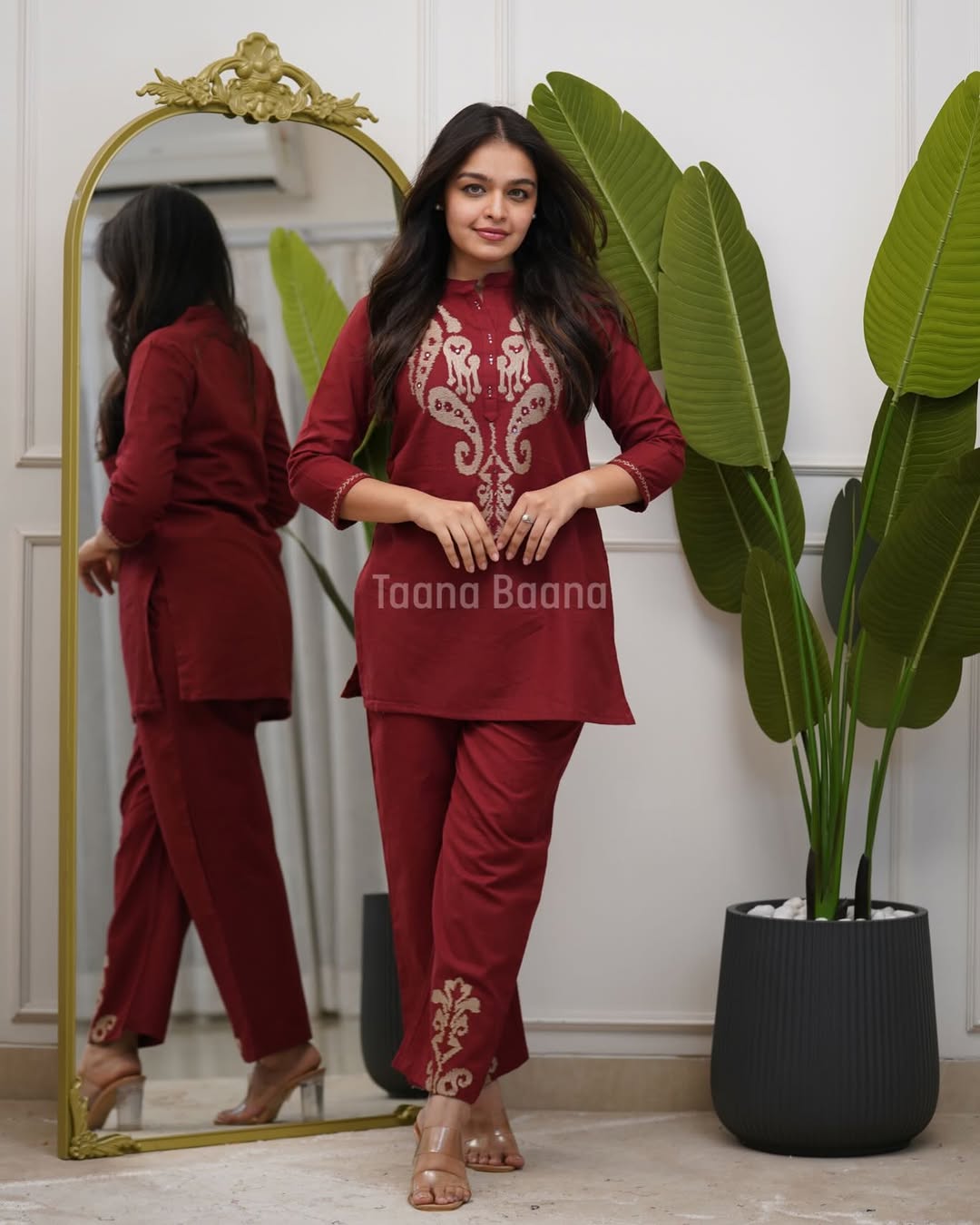Maroon Heritage Embroidered Co-Ord Set for Women