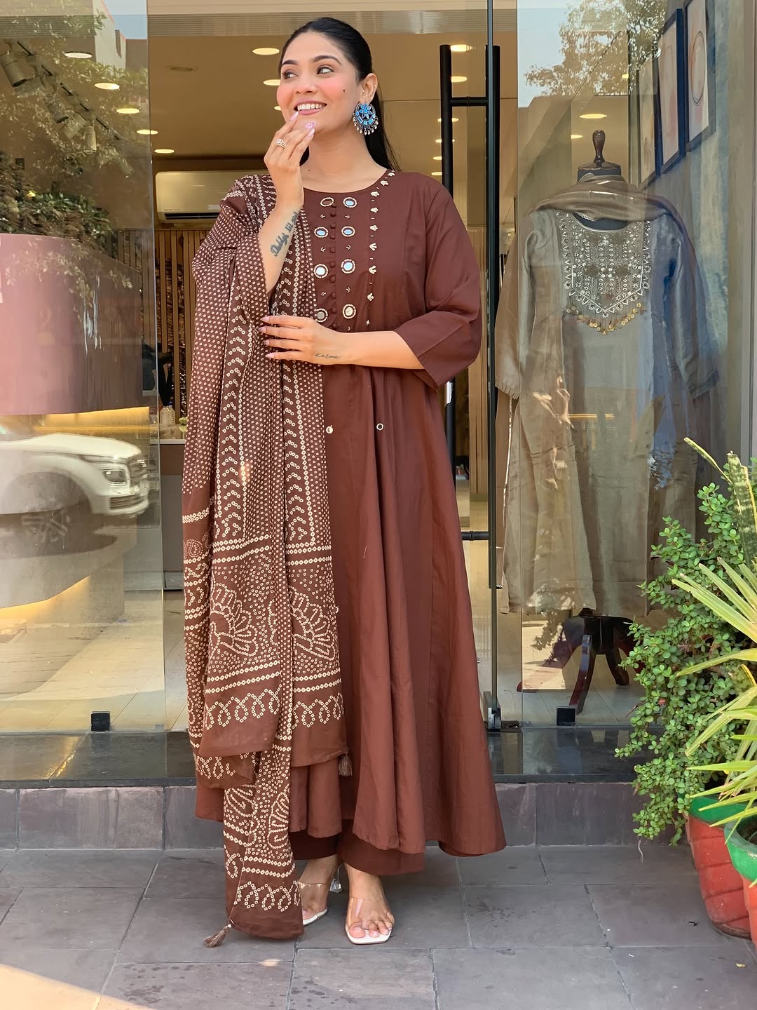 Elegant Chocolate Brown Anarkali Kurta Set with Printed Dupatta