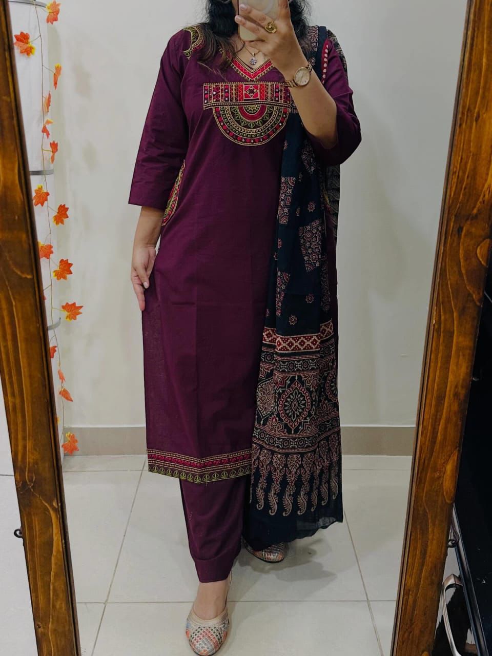 Elegant Wine Embroidered Kurta Set with Printed Dupatta