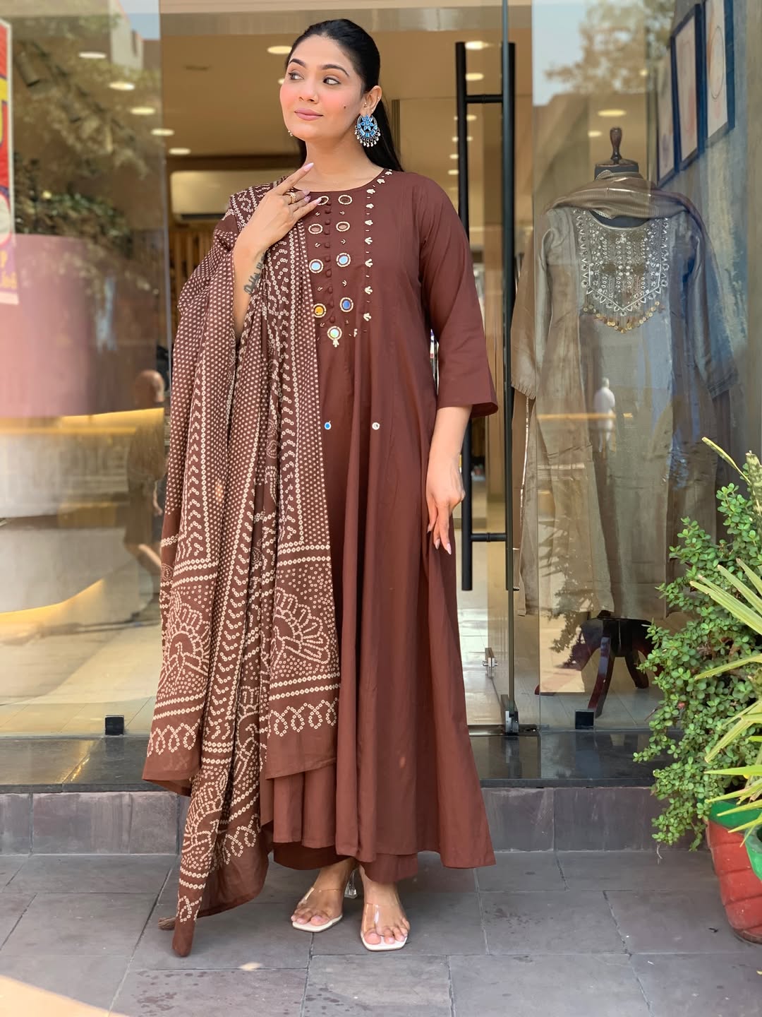 Elegant Chocolate Brown Anarkali Kurta Set with Printed Dupatta