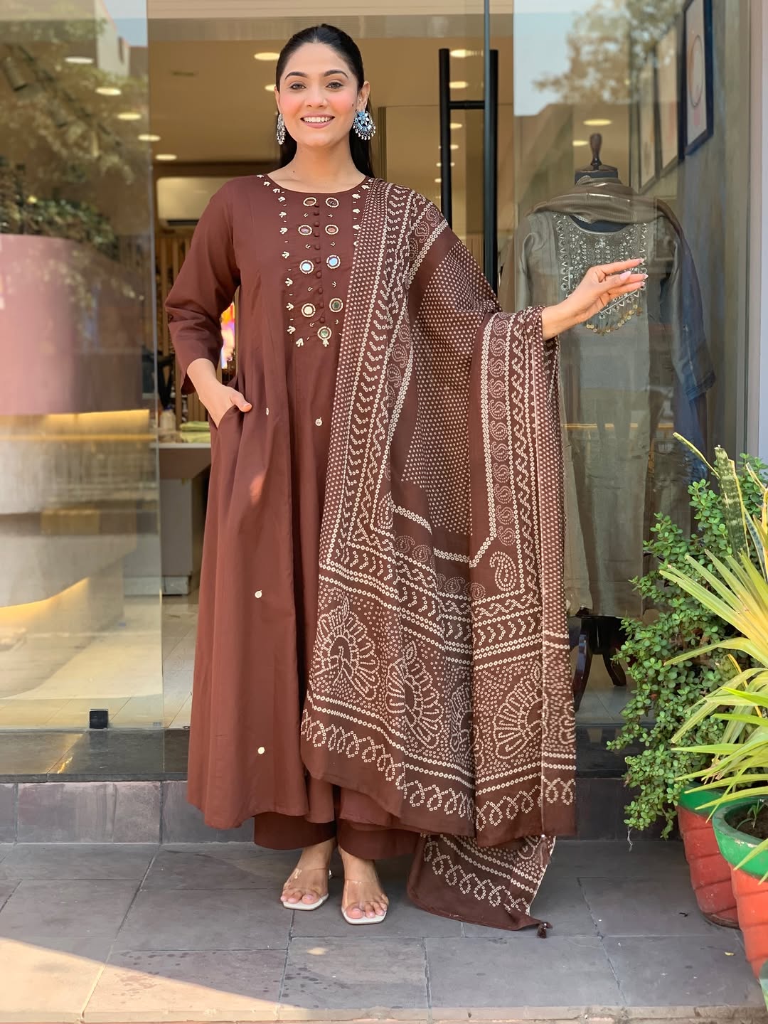 Elegant Chocolate Brown Anarkali Kurta Set with Printed Dupatta