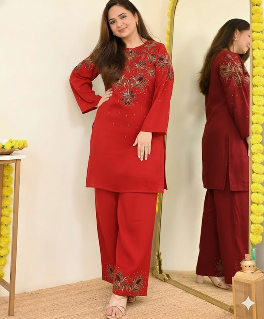 Ruby Blossom Embroidered Co-Ord Set for Women