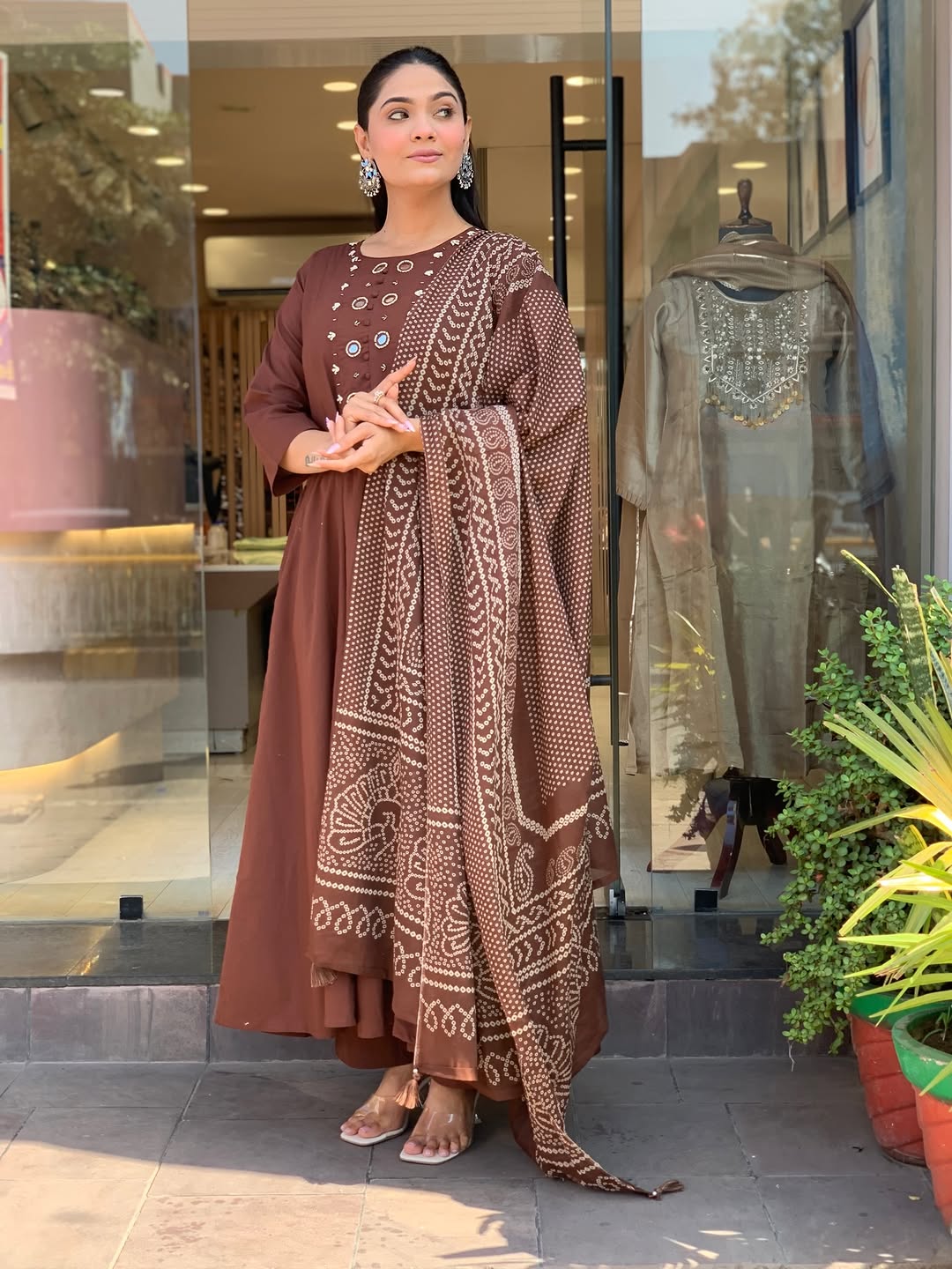 Elegant Chocolate Brown Anarkali Kurta Set with Printed Dupatta