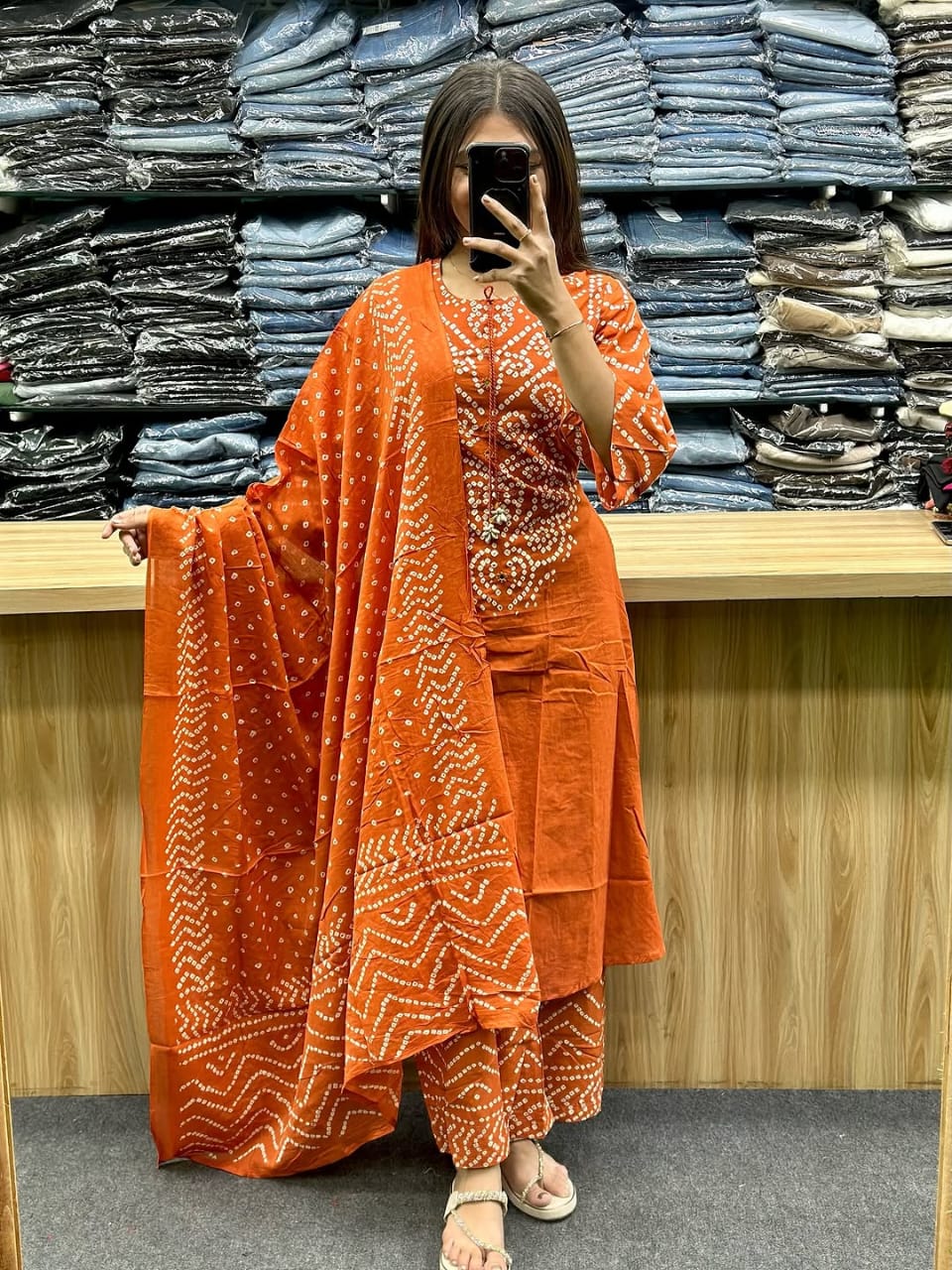 Elegant Rust Orange Bandhani 3 Piece Kurta Set